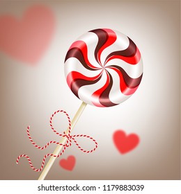 Bright round striped red brown lollipop with decorative cord. and blurred hearts. Berry and chocolate candy on a stick. Realistic 3D Vector illustration on light background