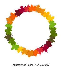 Bright round wreath with colorful maple leaves - from fresh green to yellow, orange and red. Nice frame for text. Isolated on white background.