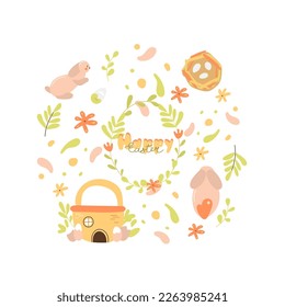 Bright rounded composition of easter elements for your designs in bright cartoon style. 