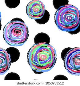 Bright rounds, brushes blots, seamless pattern
