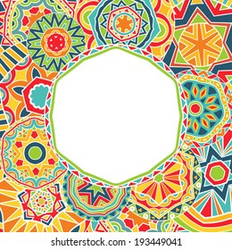 Bright rounds at ethnic frame. Abstract border with bright rounds ethnic patterns. Tribal frame for special design. Copy space. Vector file is EPS8, all elements are grouped.