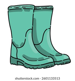 Bright rubber boots. Gardening clothes for planting crops. For walking in the rain. Cartoon sticker on an isolated background.