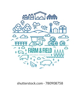 Bright rural landscape and agriculture farming thin line icons - organic products label concept. Landscape and agriculture label illustration