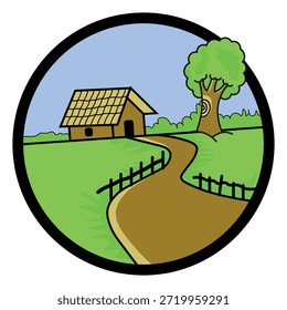 Uma cena rural brilhante apresenta um caminho de terra sinuoso que leva a uma pequena fazenda, uma grande árvore e campos verdes. Esta ilustração circular emoldurada evoca a calma no campo, simplicidade e charme caseiro.