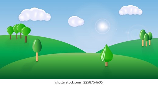 Bright rustic scenery. Picturesque sunny view with 3d green hills, clouds and trees on horizon on blue sky background. Simple cute cartoon landscape. Children nature composition. Vector illustration.