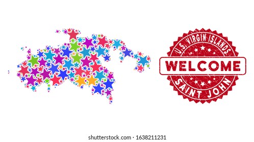 Bright Saint John Island map composition of stars, and distress rounded red WELCOME stamp. Abstract geographic plan in bright color hues. Vector Saint John Island map is designed of bright stars.