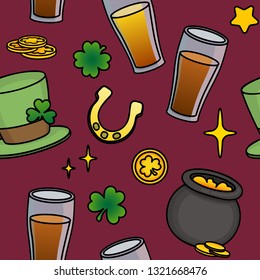 Bright Saint Patrick's Day background. Seamless Pattern with beer, clover, hat, coins and horseshoes. Vector.