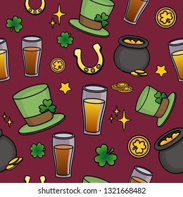 Bright Saint Patrick's Day background. Seamless Pattern with beer, clover, hat, coins and horseshoes. Vector.