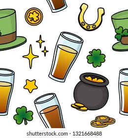 Bright Saint Patrick's Day background. Seamless Pattern with beer, clover, hat, coins and horseshoes. Vector.