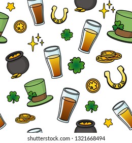 Bright Saint Patrick's Day background. Seamless Pattern with beer, clover, hat, coins and horseshoes. Vector.