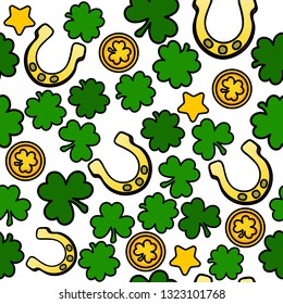 Bright Saint Patrick's Day pattern with clovers, horseshoes and stars. Vector.