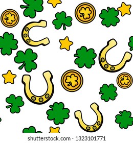 Bright Saint Patrick's Day pattern with clovers, horseshoes and stars. Vector.