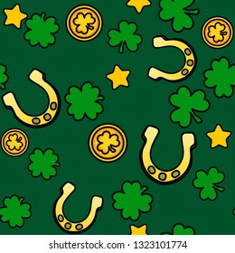Bright Saint Patrick's Day pattern with clovers, horseshoes and stars. Vector.