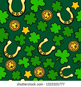 Bright Saint Patrick's Day pattern with clovers, horseshoes and stars. Vector.