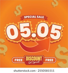 Bright sale banner for 05.05 with bold text, glowing accents, and discount offers. Perfect for e-commerce promotions and retail campaigns.