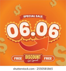 Bright sale banner for 06.06 with bold text, glowing accents, and discount offers. Perfect for e-commerce promotions and retail campaigns.