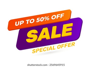 Bright sale banner with Up to 50 Off in orange and Special Offer in yellow on a white background. Creative and colorful vector illustration for promotions