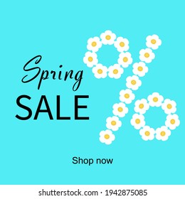 Bright sale banner. Creative spring design with percent from white flowers. Blue background with lettering. For promotion, advertisement, discount, web