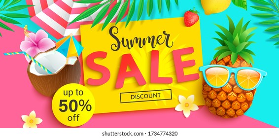 Bright Sale banner for summer 2020. Hipster pineapple invites to big discounts in hot season, poster with tropical leaves,cocktail, sun umbrella on two colors geometric background.Vector Illustration.