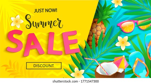 Bright sale banner for summer 2020 on geometric background.Just now big discounts.Invitation to shopping.Card with pineapple,cocktail,tropical leaves,sunglasses.Template for design.Vector Illustration