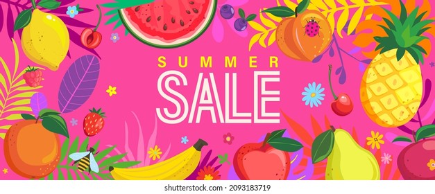 Bright Sale banner for summer 2022. Template offer to big discounts in hot season, poster with hand drawn fruits and berries on pink background. Design for banners, cards, flyers. Vector Illustration.