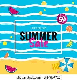 Bright Sale banner, template design with summer fruit and abstract sea. Text Summer Sale. summer beach with fruit.  Vector promo illustration 