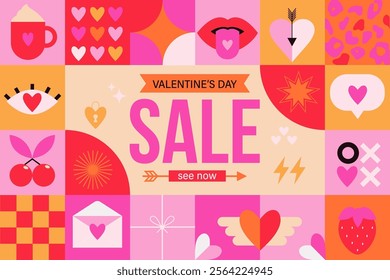 Bright sale banner for Valentines day, discount card or flyer with geometric symbols of holiday and love.Romantic advertise or invitation for shopping.Template for retail,shops,web,social media.Vector