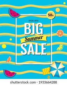 Bright Sale vertical poster, template design with summer fruit and abstract sea. Text Summer Sale. Yellow waves on blue background.  Vector promo illustration