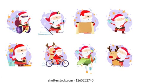 Bright Santa Claus and deer set illustration, Funny Santa with deer in different poses. Can be used for topics like Christmas, winter, festivals, Happy New Year 