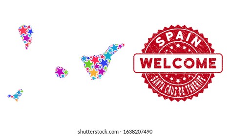 Bright Santa Cruz de Tenerife Province map mosaic of stars, and grunge rounded red WELCOME stamp. Abstract territorial plan in bright color tinges.