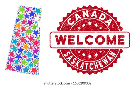 Bright Saskatchewan Province map mosaic of stars, and distress rounded red WELCOME stamp seal. Abstract territory plan in bright color tones.