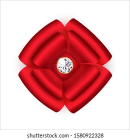 Bright satin bow of red color with ribbons, in the shape of a flower with a brilliant stone in the center. Festive decoration. Isolated on a white background. Vector illustration