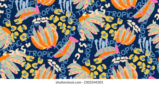 Bright saturated graffiti tropical colorful art pattern with bananas.