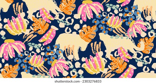 Bright saturated graffiti tropical colorful art pattern with bananas and leopards in a tropical forest among the leaves.