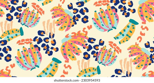 Bright saturated graffiti tropical colorful art pattern with bananas.