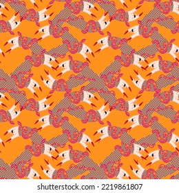 Bright saturated seamless pattern with the image of hands, with long sharp nails that hold a poisonous snake