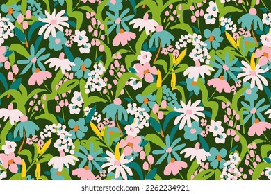 Bright saturated tropical cheerful summer floral pattern with a field of wild flowers.