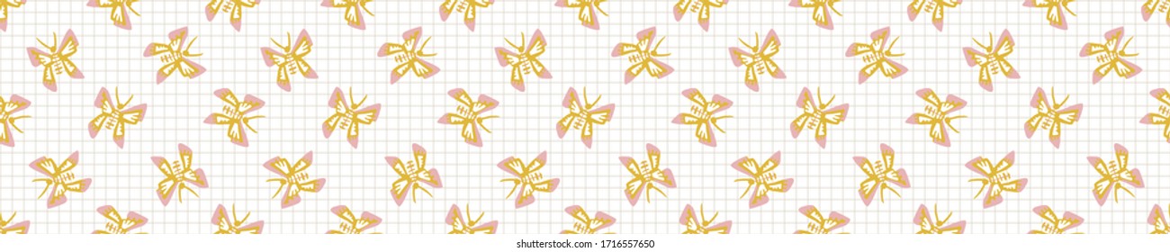 Bright scandi butterfly seamless vector border pattern. Stylized cute kids insect animal doodle banner. Kawaii playful style decor ribbon trim. Decorative modern girly japanese stationery washi tape.