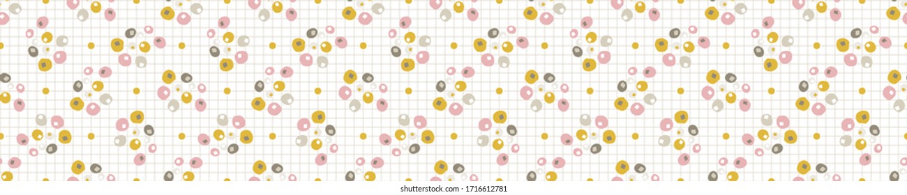 Bright scandi confetti seamless vector border pattern. Stylized cute kids sprinkles doodle ribbon edge. Kawaii ditsy playful deco ribbon trim. Decorative modern girly japanese stationery washi tape.
