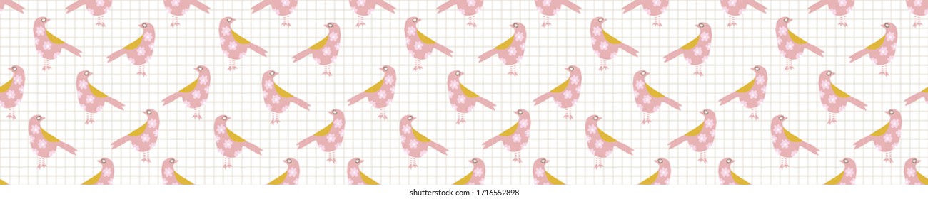 Bright scandi floral bird seamless vector border pattern. Stylized cute kids songbird doodle banner. Kawaii playful style decor ribbon trim. Decorative modern girly japanese stationery washi tape.