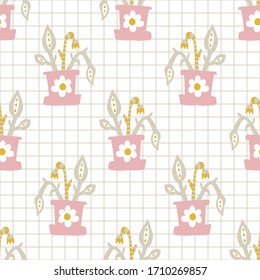 
Bright scandi floral blooms seamless vector background pattern. Stylized cute kids flower doodle texture. Kawaii playful style decor swatch. Decorative modern girly japanese stationery all over print