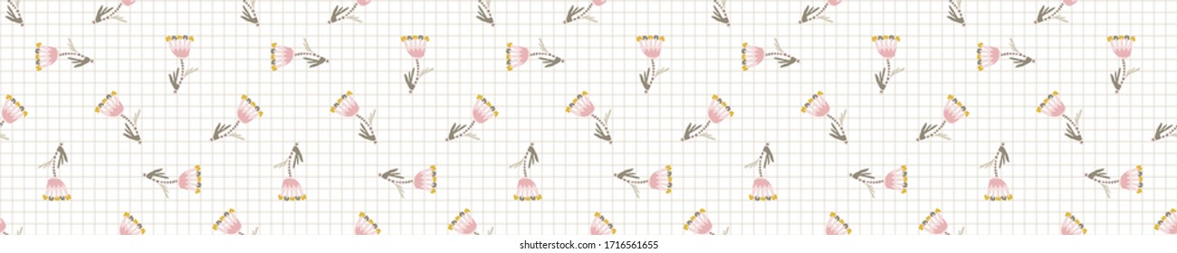 Bright scandi floral blooms seamless vector border pattern. Stylized cute kids flower doodle banner. Kawaii playful style deco ribbon trim. Decorative modern girly japanese stationery washi tape.