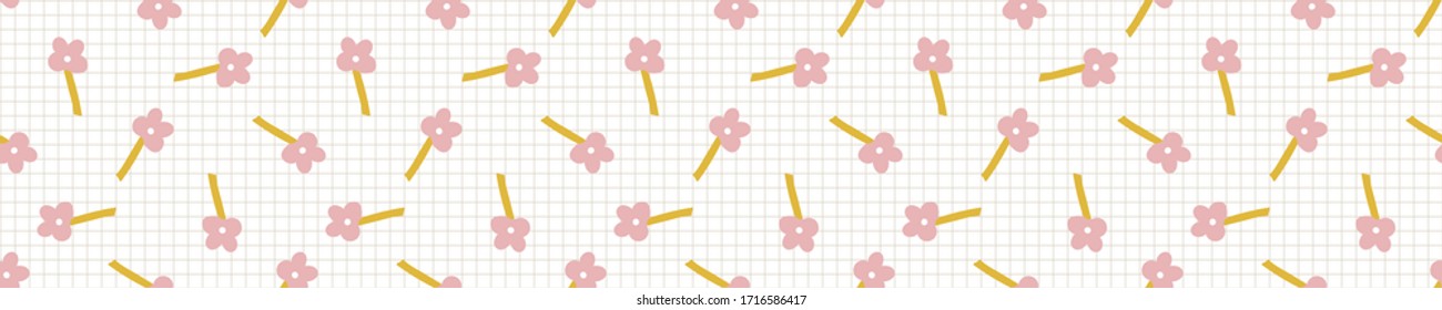 
Bright scandi floral blooms seamless vector border pattern. Stylized cute kids flower doodle banner. Kawaii playful style deco ribbon trim. Decorative modern girly japanese stationery washi tape.
