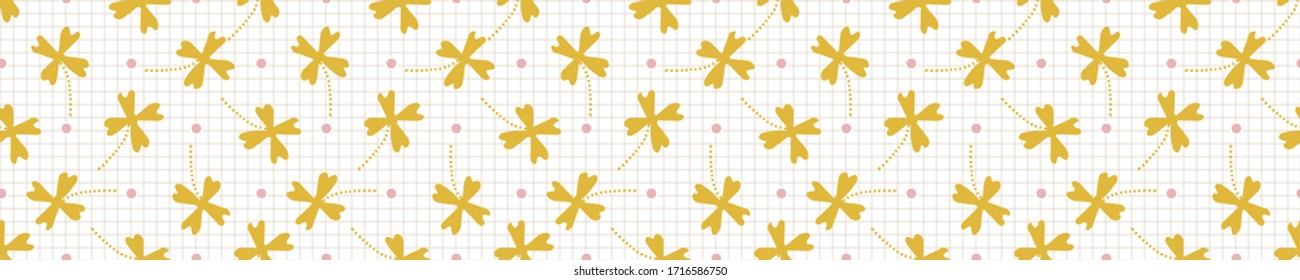 
Bright scandi floral blooms seamless vector border pattern. Stylized cute kids flower doodle banner. Kawaii playful style deco ribbon trim. Decorative modern girly japanese stationery washi tape.
