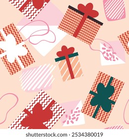 Bright Scandinavian Seamless Pattern with Christmas Gift Box, Pattern Requests or Christmas Flat Vector Stock Illustration with Modern Peach Fuzz  for sstkBackgrounds