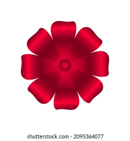 Bright scarlet flower from a satin ribbon. Petals in a circle. Vector illustration, realistic design, isolated on white background, eps 10.