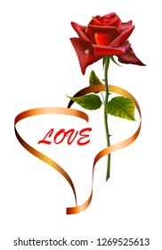 bright scarlet rose with golden ribbons in the shape of a heart