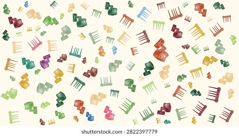 Bright scattered chairs pattern with colorful shapes and diverse hues perfect for creative projects, artistic backgrounds, and decorative design elements