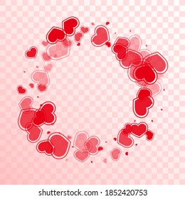 Bright scattered hearts confetti valentine background. Elegant greeting card backdrop. Framed hearts love emotion symbols isolated on white background. Romantic event cute decor.
