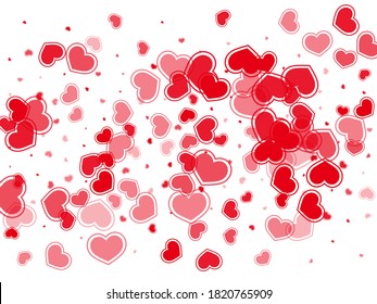 Corazones dispersos brillantes componen la ilustración vectorial. Elegante telón de fondo de la tarjeta de felicitación. Los corazones brillantes aman los símbolos de pasión aislados en un fondo transparente. Decoración sencilla de aniversario.